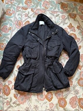 Aritzia Wilfred Black Padded Funnel Collar Utility Jacket with Cinched Waist